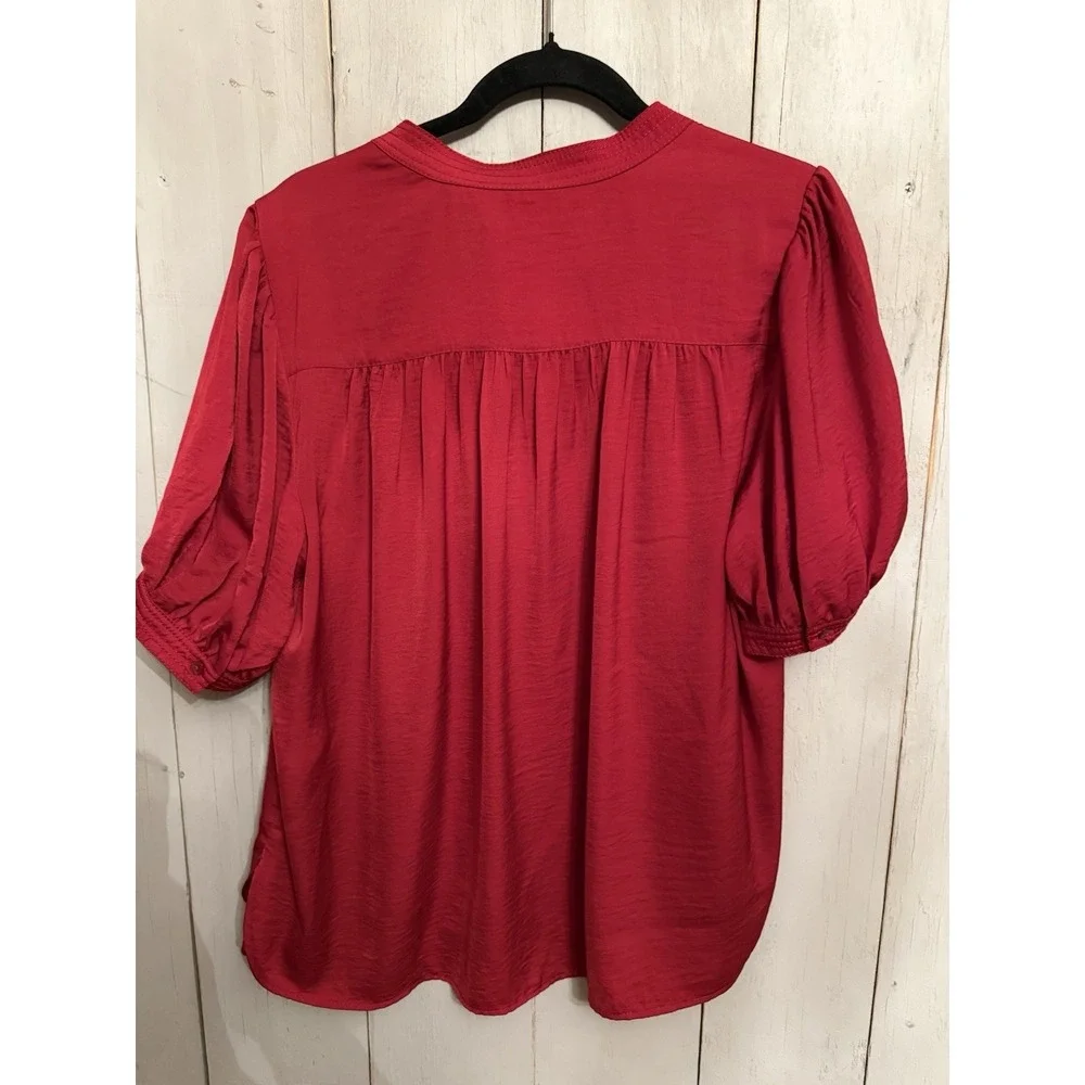 Banana‎ Republic Volume Puff Short Sleeve Blouse Sz-Lg Apple Red Satin Silky